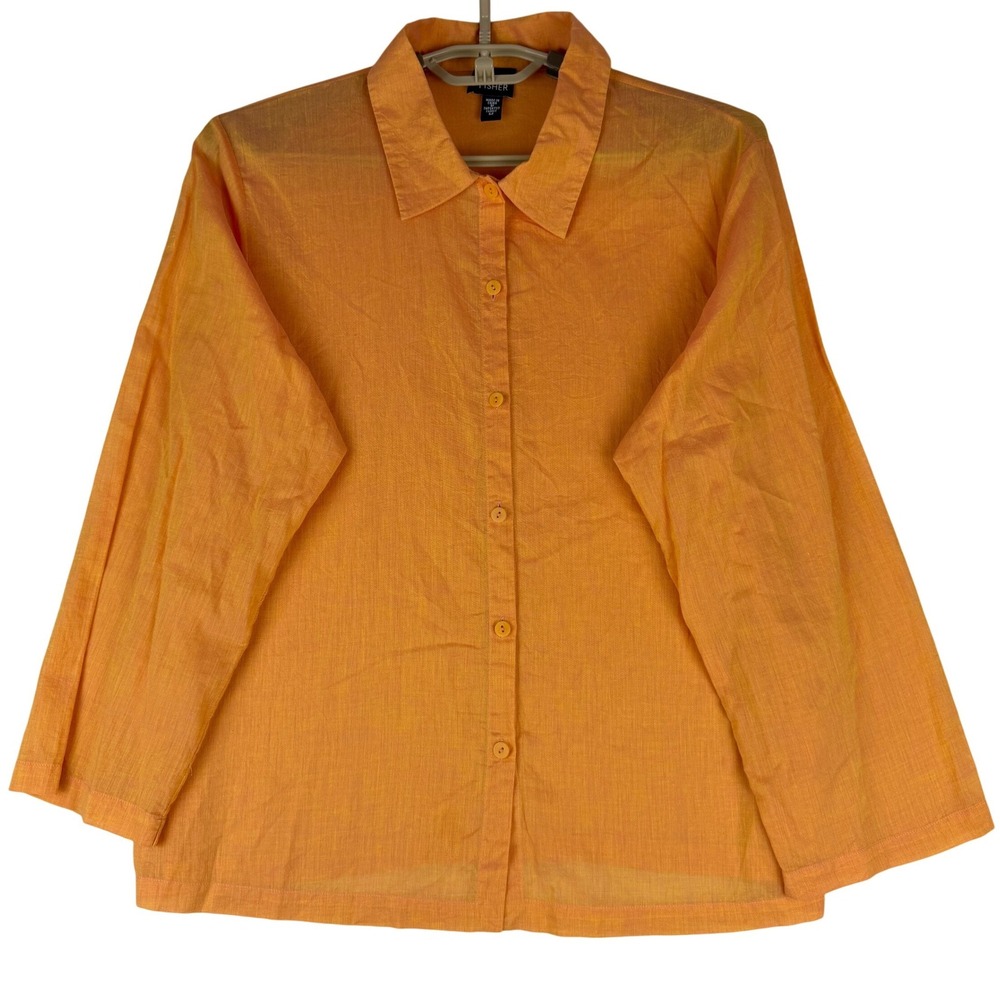 Eileen Fisher Shirt Women's M Orange Iridescent Cotton Button Up Long Sleeve